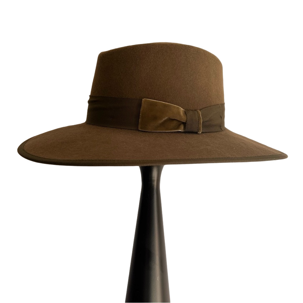Freya Elegant Wide-Brim Fedora Wool Hat Olive Green Eucalyptus Ribbon Womens S